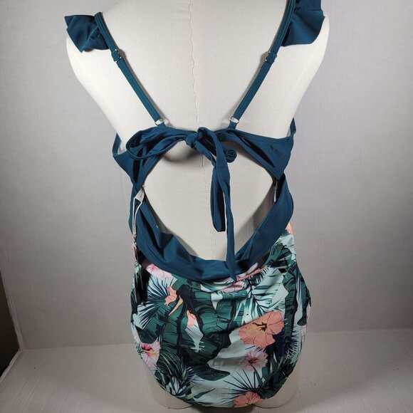 Pat Pat Green One Piece Tummy Control Tropical Floral Ruffle Sleeve Size XL - Picture 4 of 9